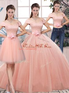 Decent Off The Shoulder Short Sleeves Tulle Sweet 16 Quinceanera Dress Lace and Hand Made Flower Lace Up