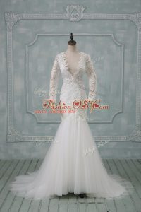 Deluxe White Mermaid Tulle V-neck Long Sleeves Lace Backless Wedding Gown Brush Train