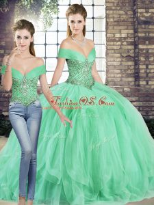 Apple Green Lace Up Quinceanera Gowns Beading and Ruffles Sleeveless Floor Length