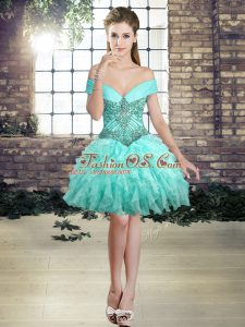 Aqua Blue Prom Dresses Prom and Party with Beading and Ruffles Off The Shoulder Sleeveless Lace Up