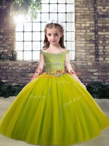 Custom Made Beading and Appliques Pageant Gowns Olive Green Lace Up Sleeveless Floor Length