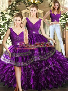 Noble Purple Three Pieces Beading and Embroidery and Ruffles Quinceanera Gown Backless Organza Sleeveless Floor Length