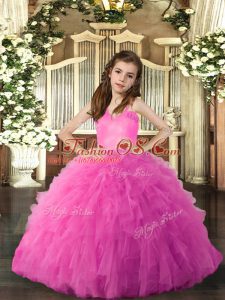 Hot Sale Hot Pink Ball Gowns Straps Sleeveless Tulle Floor Length Lace Up Ruffles Kids Formal Wear