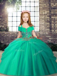 Stunning Turquoise Sleeveless Floor Length Beading Lace Up Little Girl Pageant Dress