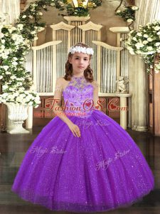 Purple Sleeveless Floor Length Beading Lace Up Pageant Dress for Teens