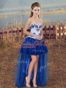 Royal Blue A-line Organza Sweetheart Sleeveless Embroidery and Ruffled Layers High Low Lace Up Prom Dress