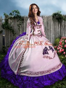 White And Purple Sleeveless Satin Lace Up Quinceanera Gowns for Sweet 16 and Quinceanera