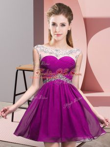 Fuchsia Backless Scoop Beading and Ruching Celebrity Inspired Dress Chiffon Sleeveless