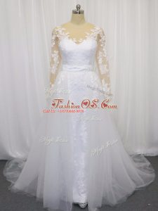 Sumptuous Tulle Long Sleeves Wedding Dress Court Train and Lace and Belt