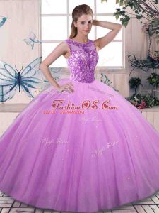 Lilac Ball Gowns Beading Quince Ball Gowns Lace Up Tulle Sleeveless Floor Length