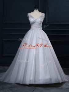 Grey Bridal Gown Wedding Party with Beading and Appliques V-neck Sleeveless Court Train Lace Up