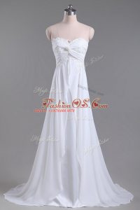 White Empire Sweetheart Sleeveless Chiffon Brush Train Lace Up Beading and Lace Wedding Dress