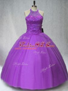 Dynamic Purple Halter Top Neckline Beading Quince Ball Gowns Sleeveless Lace Up