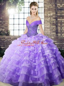 Lavender Quinceanera Gown Organza Brush Train Sleeveless Beading and Ruffled Layers