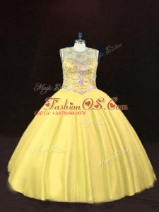 Gold Ball Gowns Tulle Scoop Sleeveless Beading Floor Length Lace Up Sweet 16 Quinceanera Dress