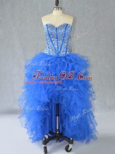 Blue A-line Organza Sweetheart Sleeveless Beading and Ruffles High Low Lace Up Military Ball Gowns