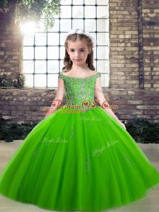 Floor Length Girls Pageant Dresses Off The Shoulder Sleeveless Lace Up