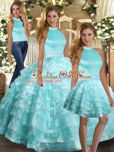 Aqua Blue Sleeveless Ruffled Layers Floor Length 15 Quinceanera Dress
