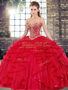 Fantastic Red Lace Up Ball Gown Prom Dress Beading and Ruffles Sleeveless Floor Length