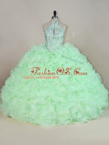 Fabulous Apple Green Fabric With Rolling Flowers Lace Up Halter Top Sleeveless Quinceanera Gown Beading and Ruffles