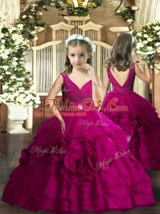 Fuchsia Backless Kids Pageant Dress Beading Sleeveless Floor Length