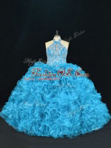 Blue Sleeveless Beading and Ruffles Floor Length 15th Birthday Dress