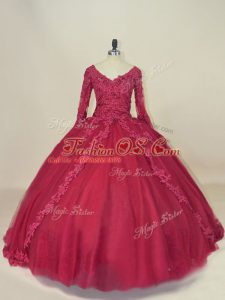 Red Ball Gowns Lace and Appliques Quinceanera Dress Lace Up Tulle Long Sleeves Floor Length
