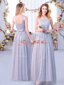 Customized Lace and Belt Quinceanera Dama Dress Grey Side Zipper Sleeveless Floor Length