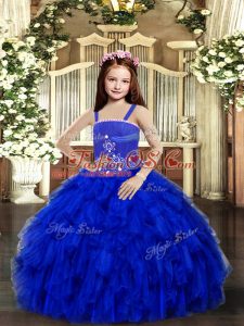 Wonderful Royal Blue Ball Gowns Beading and Ruffles Kids Formal Wear Lace Up Tulle Sleeveless Floor Length