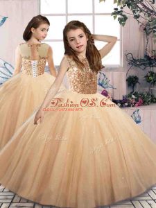 Sleeveless Floor Length Beading Lace Up Pageant Gowns For Girls with Champagne