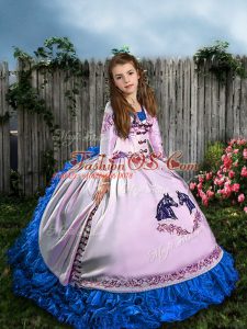 Fashion Straps Sleeveless Little Girls Pageant Dress Sweep Train Embroidery and Ruffles White Satin and Organza