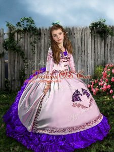 White Ball Gowns Straps Sleeveless Satin and Organza Sweep Train Lace Up Embroidery and Ruffles Little Girls Pageant Dress