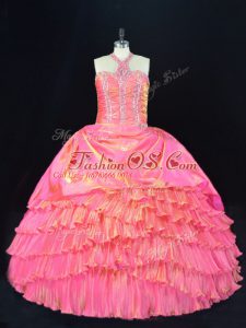 Stunning Halter Top Sleeveless Lace Up Quinceanera Gowns Pink Organza