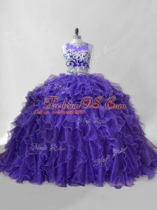 Zipper Sweet 16 Quinceanera Dress Purple for Sweet 16 and Quinceanera with Beading and Ruffles Brush Train