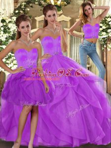 Sweetheart Sleeveless Tulle Quince Ball Gowns Beading and Ruffles Lace Up