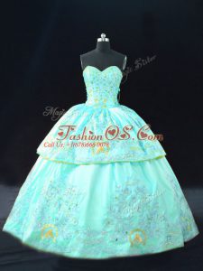 Best Selling Aqua Blue Ball Gowns Sweetheart Sleeveless Satin Floor Length Lace Up Embroidery Quinceanera Dress