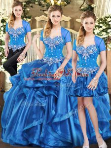 Wonderful Blue Sleeveless Organza Lace Up Quince Ball Gowns for Military Ball and Sweet 16 and Quinceanera