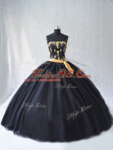 Suitable Tulle Strapless Sleeveless Lace Up Appliques Quinceanera Gowns in Black