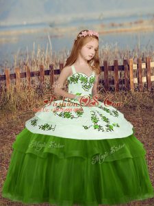 Charming Green Ball Gowns Tulle Straps Sleeveless Embroidery Floor Length Lace Up Pageant Gowns For Girls