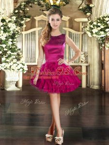 Custom Design Sleeveless Tulle Mini Length Lace Up Homecoming Dress in Fuchsia with Ruffles