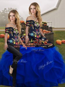 Attractive Blue And Black Sleeveless Floor Length Embroidery and Ruffles Lace Up Sweet 16 Quinceanera Dress