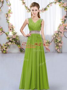 Colorful Olive Green V-neck Neckline Beading and Belt Damas Dress Sleeveless Lace Up