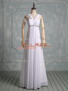 Colorful White Zipper Prom Gown Beading and Ruching Sleeveless Floor Length