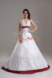 High Quality Satin Sleeveless Wedding Dresses Brush Train and Beading and Embroidery