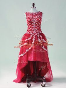 Modern Wine Red Sleeveless Beading and Appliques High Low Prom Evening Gown