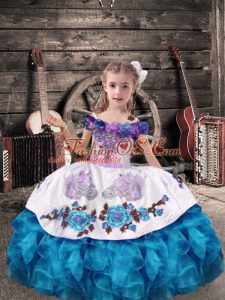 Excellent Aqua Blue Off The Shoulder Lace Up Beading and Embroidery and Ruffles Little Girl Pageant Dress Sleeveless