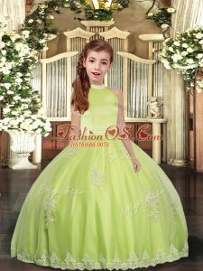 Custom Designed Yellow Green Tulle Backless Pageant Dress for Womens Sleeveless Floor Length Beading and Appliques