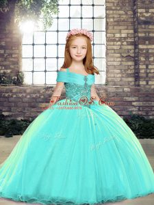 Dramatic Aqua Blue Ball Gowns Straps Sleeveless Beading Lace Up Girls Pageant Dresses Brush Train