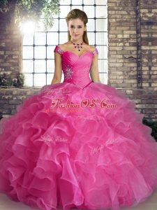 Most Popular Rose Pink Sleeveless Beading and Ruffles Floor Length 15th Birthday Dress