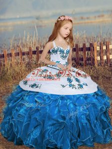 Blue Straps Embroidery and Ruffles Little Girls Pageant Dress Wholesale Sleeveless